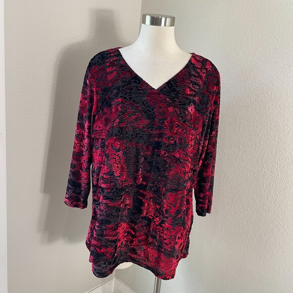 db established 1962 Womens Plus 2X Red Black Velvet Burnout Tiered Tunic Top - Picture 1 of 10